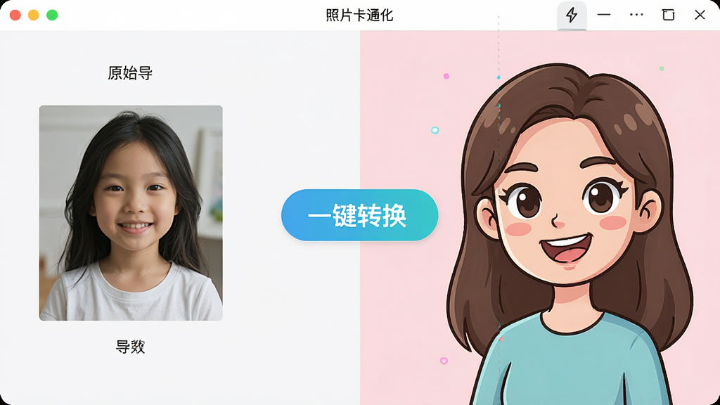 一幅展示“照片卡通化”软件主界面的高清预览图,界面风格简洁明快,左侧为原始照片导入区域,右侧为处理后的卡通风格效果展示,中央有醒目的“一键转换”按钮,整体配色清新,画质干净,无多余元素