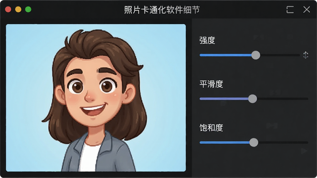 展示“照片卡通化”软件细节调整功能的预览图,界面右侧有“强度”、“平滑度”、“饱和度”三个滑动条,左侧为实时预览区域,显示调整过程中的卡通效果变化,整体界面专业,画质清晰,无多余元素