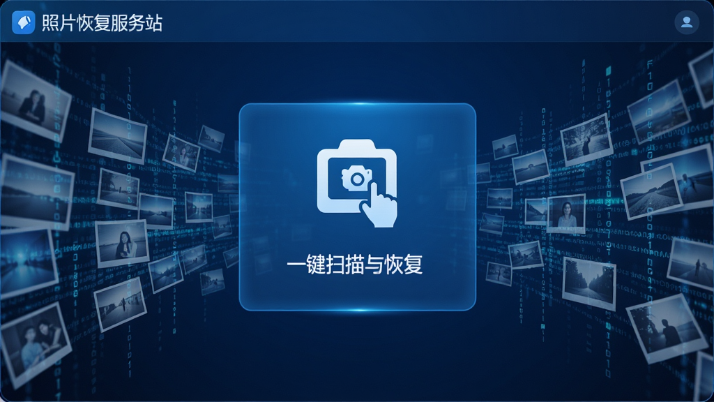 照片恢复服务站软件主界面,展示一键扫描与恢复功能,背景为数字照片数据流,界面简洁现代,蓝色科技色调,图标清晰,画质干净,无多余元素