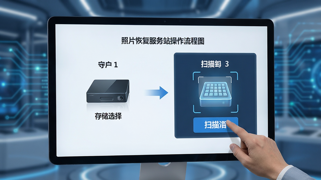 照片恢复服务站操作流程图,用户正在选择存储设备并点击扫描按钮,界面清晰,步骤指引明确,科技感背景,画质干净,无多余元素
