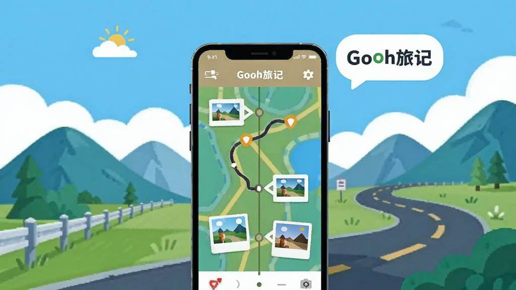 一幅充满活力的旅行主题插画,主体为一部正在运行Gooh旅记App的智能手机,手机屏幕显示着带有地图轨迹和照片标签的旅行时间轴,背景是蓝天白云下的山脉与公路,画面明亮清新,采用扁平化插画风格,构图居中,文字气泡标注“Gooh旅记”字样,画质高清,干净无多余元素