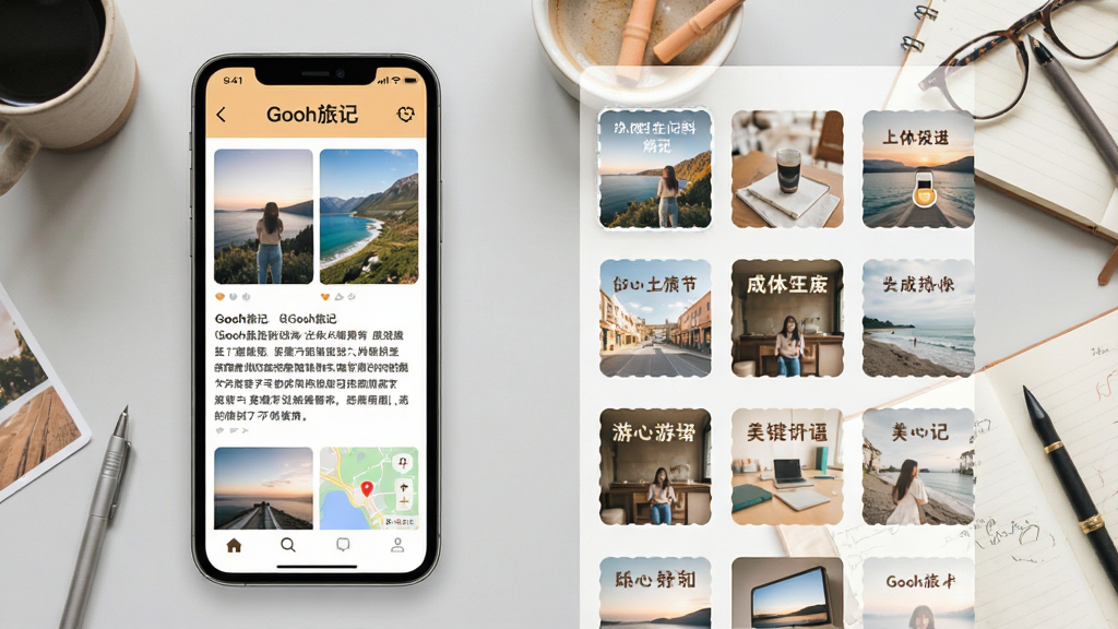 展示Gooh旅记的游记生成界面,左侧是手机屏幕中的游记预览,包含照片瀑布流、文字段落和地图小窗,右侧是各种美化模板的缩略图,背景为淡灰色工作台,有咖啡杯和笔记本道具,整体风格温暖明亮,突出“一键生成”的便捷感,文字标签“Gooh旅记”出现在屏幕顶部,画质细腻,构图平衡