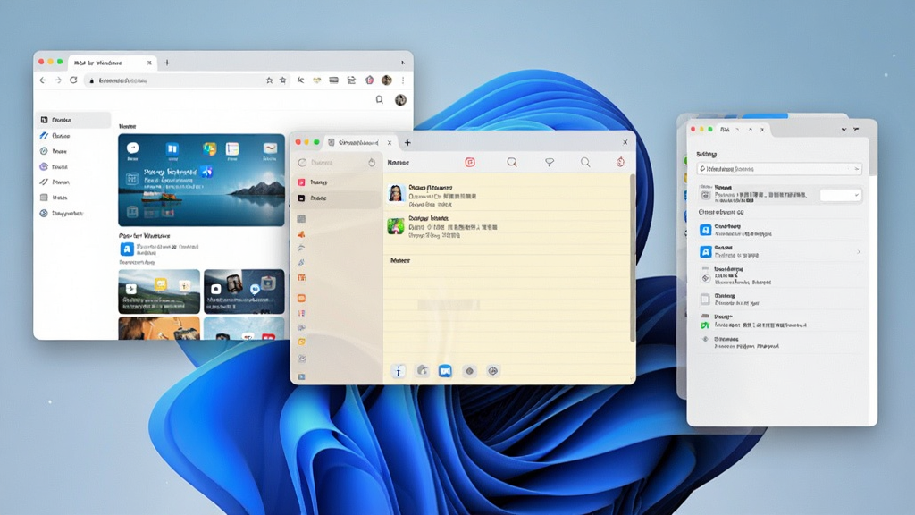 主体:iPad for Windows软件运行多个窗口,每个窗口显示不同应用界面,如浏览器、备忘录、设置。布局:三个窗口平铺在桌面,大小不一,可自由拖动。排版:错落有致,展示多任务能力。风格:明亮简洁,Windows与iPad风格融合。细节:窗口有圆角阴影,内容清晰可辨。画质:高清,干净,无多余元素。