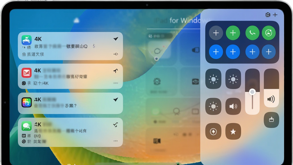 主体:iPad for Windows软件界面,展示控制中心下拉菜单和通知中心,背景为动态壁纸。布局:界面占满屏幕,控制中心从右上角滑出,左侧有通知卡片。排版:左右分栏,层次分明。风格:iOS风格,毛玻璃效果,扁平化设计。细节:控制中心有亮度、音量滑块,通知卡片有应用图标。画质:4K分辨率,干净,无多余元素。