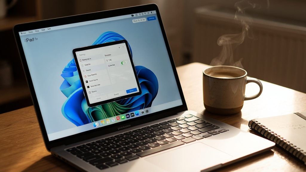 主体:笔记本电脑上运行iPad for Windows,旁边放着一杯咖啡,屏幕显示设置界面。布局:电脑斜放,屏幕面向镜头,桌面有咖啡杯和笔记本。排版:三角形构图,稳定和谐。风格:生活化场景,暖色调,写实摄影。细节:屏幕内容清晰,咖啡杯有蒸汽,键盘有光影。画质:高清,干净,无多余元素。