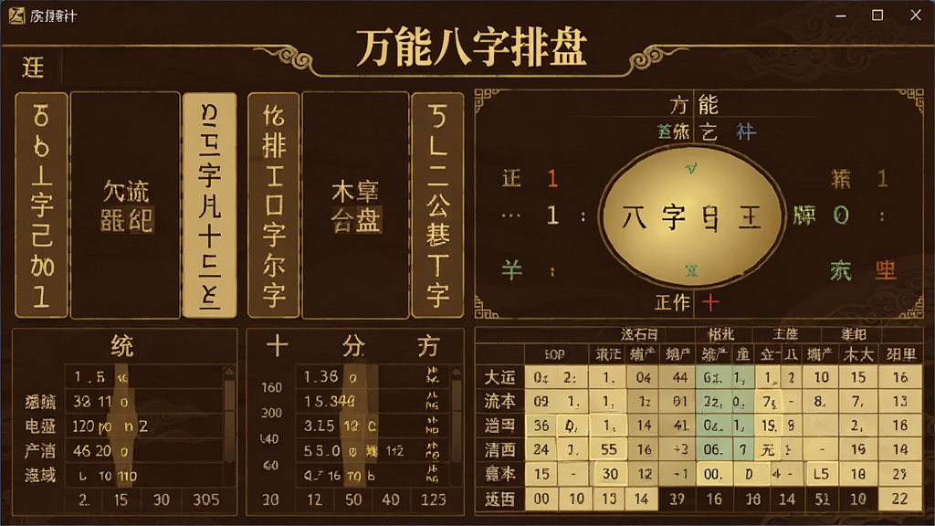 一张展示万能八字排盘软件主界面的高清截图,界面上清晰显示四柱八字、五行统计、十神分布以及大运流年表格,整体布局简洁专业,配色以传统中国风深棕与金色为主,文字清晰可读,软件名称“万能八字排盘”位于界面顶部中央,画质干净,无多余元素。