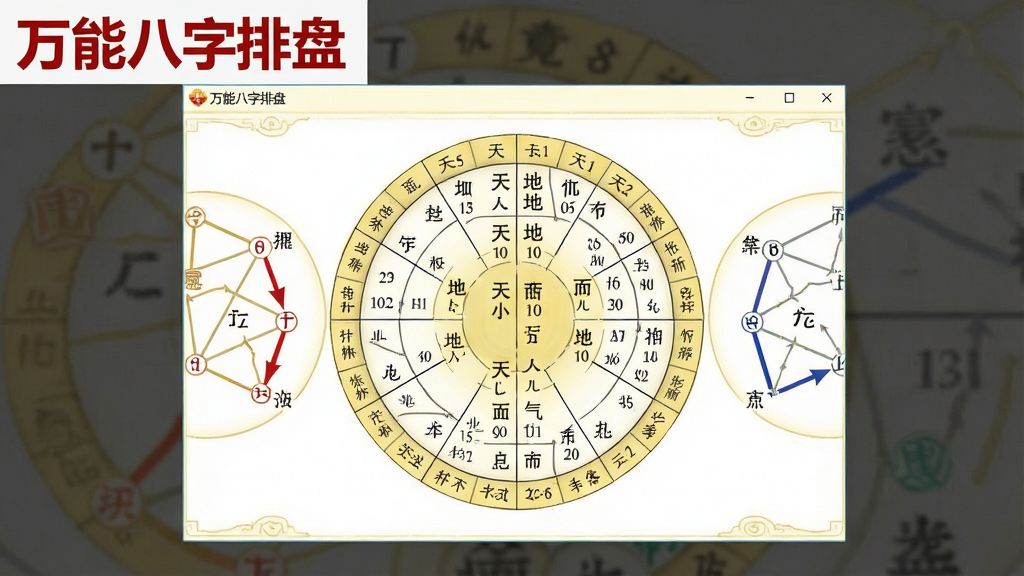 一张展示万能八字排盘精准排盘功能的界面预览图,界面中央显示详细的天干地支组合,四周辅以五行生克关系图,整体风格专业严谨,主色调为淡黄色与白色,软件名称“万能八字排盘”以红色字体显示在左上角,画质干净,无多余元素。