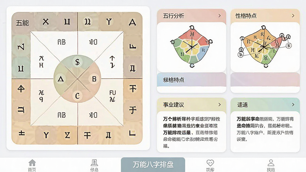 一张展示万能八字排盘命局解读功能的界面截图,左侧为八字排盘信息,右侧为详细的文字解读报告,包含五行分析、性格特点、事业建议等模块,界面采用卡片式布局,色彩柔和,软件名称“万能八字排盘”显示在底部导航栏中央,画质干净,无多余元素。