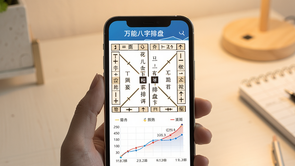 一张展示万能八字排盘在手机上运行的预览图,手机屏幕中清晰显示八字排盘结果和运势曲线图,背景为简约书桌,光线柔和,整体风格温馨,软件名称“万能八字排盘”显示在手机屏幕顶部,画质干净,无多余元素。