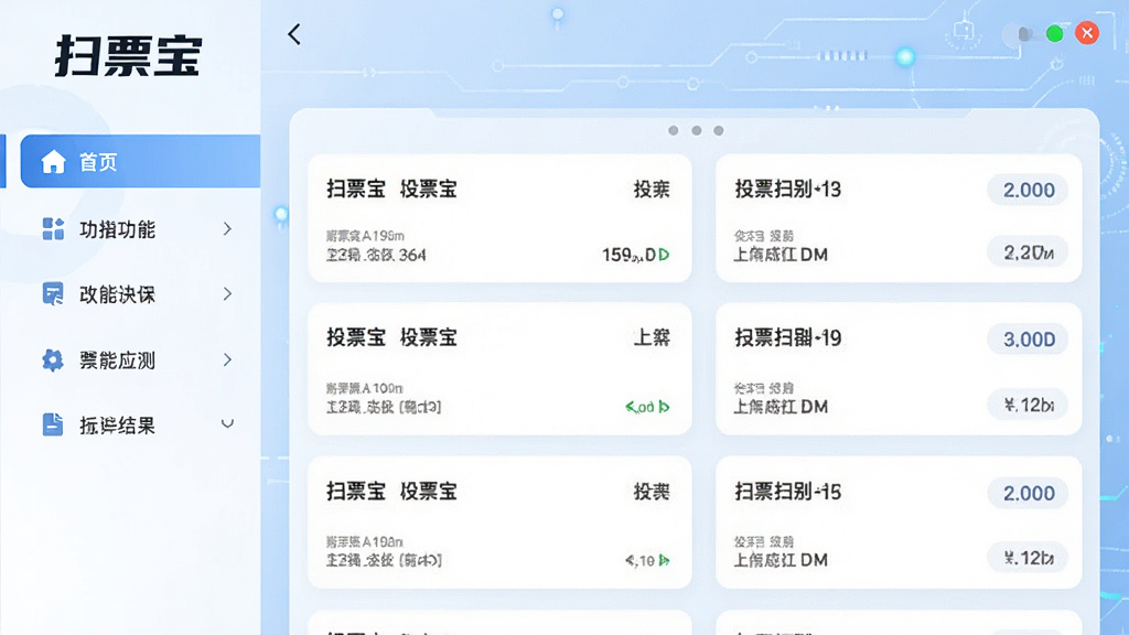 扫票宝软件主界面,界面设计现代简洁,左侧为功能导航栏,右侧展示发票扫描识别结果列表,背景为浅蓝色科技感风格,界面布局清晰,排版规整,突出扫票宝软件名称,画质高清,干净无多余元素
