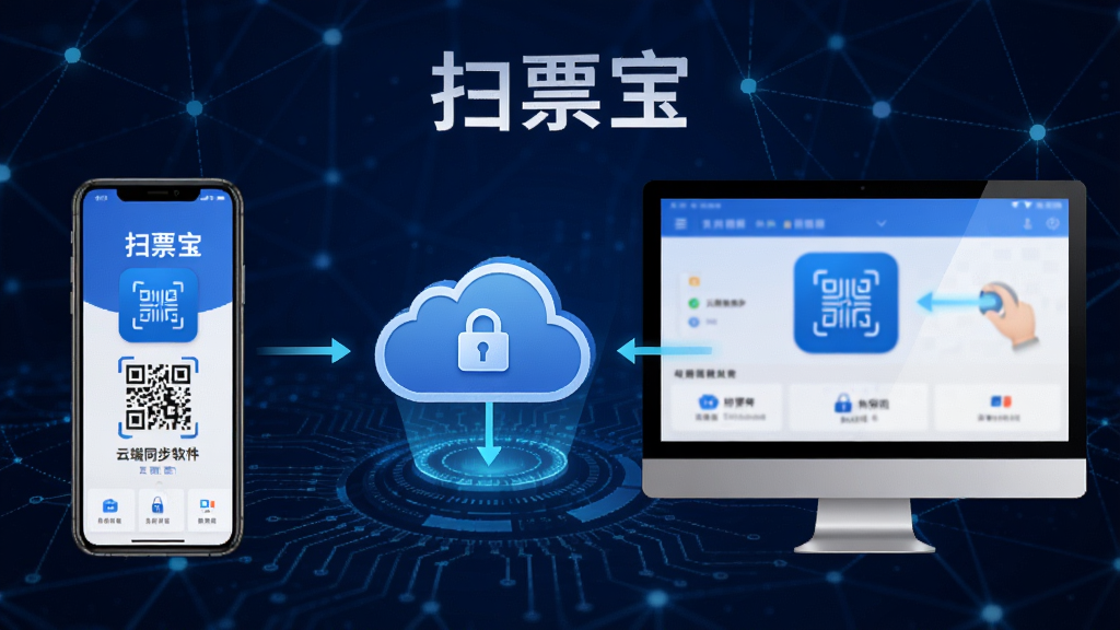 扫票宝软件云端同步示意图,展示手机与电脑两端数据同步,云端图标位于中心,背景为深蓝色科技网络风格,突出数据安全与同步概念,包含扫票宝软件名称字样,画质高清,排版整洁,无多余元素