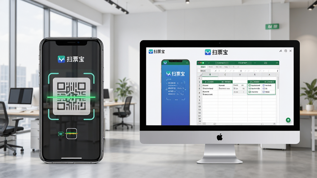 扫票宝软件在手机和电脑上同时运行,展示跨平台操作界面,手机端显示扫描动画,电脑端显示导出Excel表格,背景为现代办公室环境,软件名称扫票宝清晰可见,画质高清,排版合理,干净无多余元素