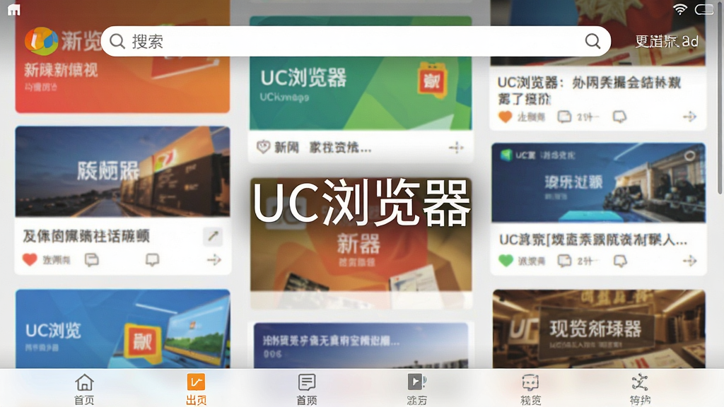 UC浏览器主界面全屏截图,展示底部导航栏与顶部搜索框,背景为多彩的新闻资讯瀑布流,界面简洁明快,现代扁平化设计风格,高清画质,干净无多余元素,正中央显示“UC浏览器”字样