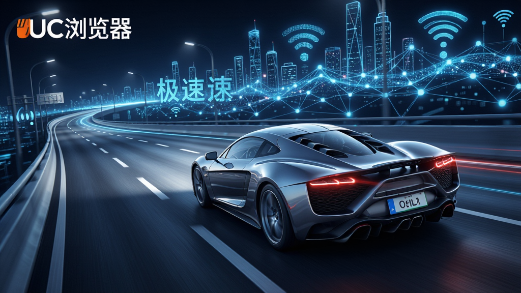 一条高速公路上的跑车飞驰,背景是数字网络信号覆盖的城市,画面动感,突出“极速”主题,左上角带有“UC浏览器”字样,现代科技感风格,高清渲染,画质干净