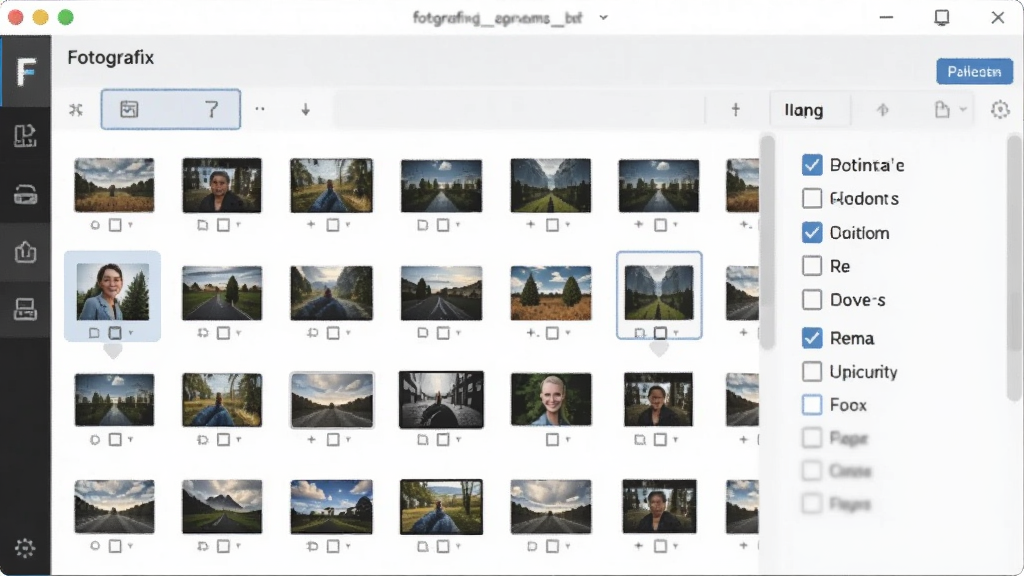 一张展示Fotografix批量处理功能的图片,画面中软件界面下方有文件列表,显示多张图片缩略图,并勾选统一操作选项,风格简洁,突出效率,画质干净,无多余元素。