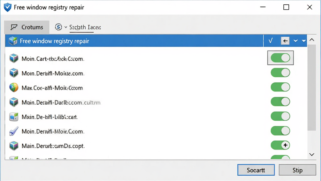 展示“Free window registry repair”的启动项管理面板,列表中有多个程序开关,界面清晰,风格极简,细节丰富,画质高清,干净整洁