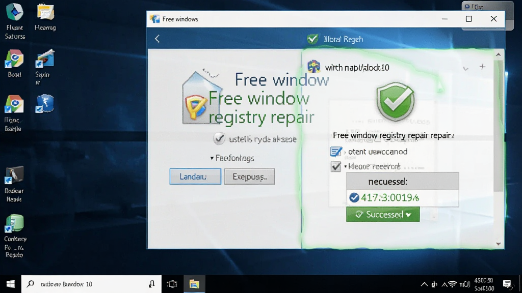 展示“Free window registry repair”在Windows 10系统上进行修复的实景,界面高亮显示修复成功,背景为桌面,风格写实,细节清晰,画质高清,干净无杂物