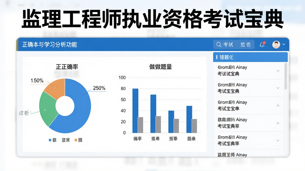 生成一张展示监理工程师执业资格考试宝典错题本与学习分析功能的图片,屏幕上有饼状图和柱状图展示正确率与做题量,右侧为错题列表,界面为蓝白配色,简洁清晰,风格专业,画质干净,无多余元素,图片中显示“监理工程师执业资格考试宝典”名称