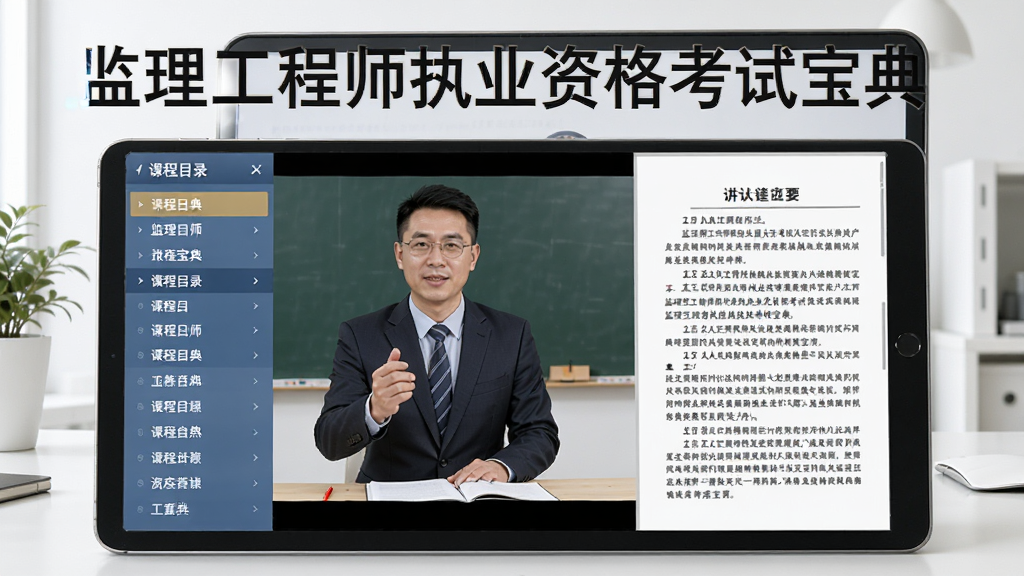 生成一张展示监理工程师执业资格考试宝典视频课程界面的图片,画面中有平板电脑,屏幕上正在播放名师讲解课程,左侧是课程目录,右侧是讲义摘要,整体风格明亮,画质清晰,干净整洁,图片中文字包含“监理工程师执业资格考试宝典”