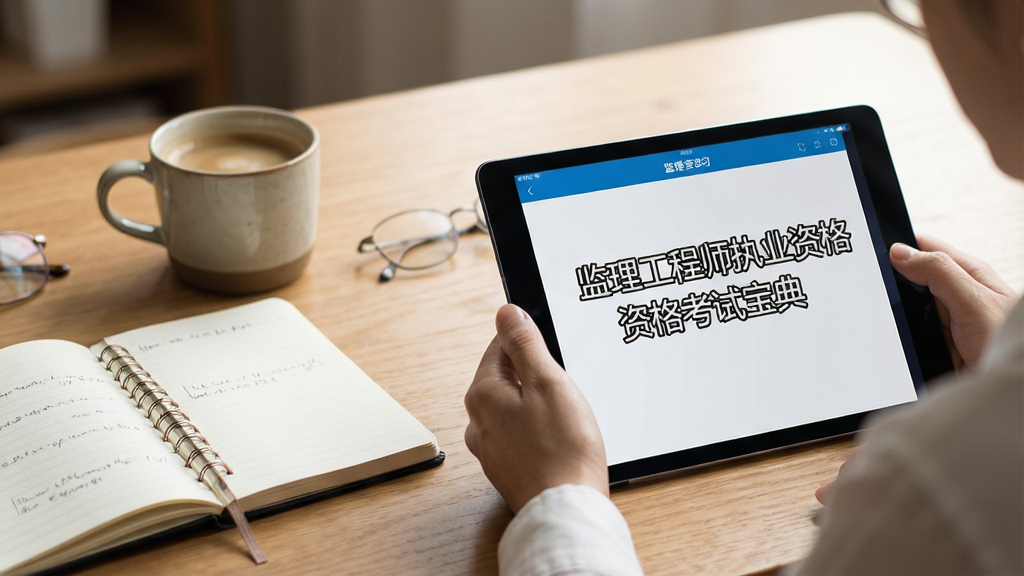 生成一张展示用户正在使用手机和平板学习监理工程师执业资格考试宝典的图片,画面温馨,桌上放着笔记本和咖啡,屏幕清晰显示软件界面,风格自然,画质干净,无多余元素,图片中文字为“监理工程师执业资格考试宝典”
