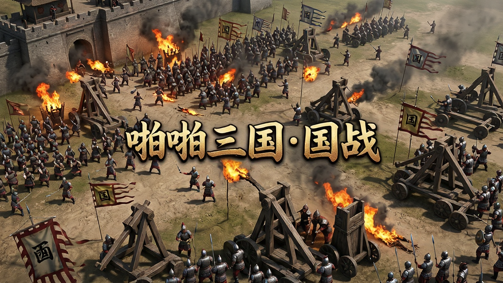 主体为国战战场俯瞰图,展示大量士兵与攻城器械混战场景,布局宏大,采用俯视视角,排版错落有致,风格为写实战争画风,细节包括火焰、旗帜、投石车等,画质精细,干净无多余元素,画面中央有“啪啪三国国战”字样
