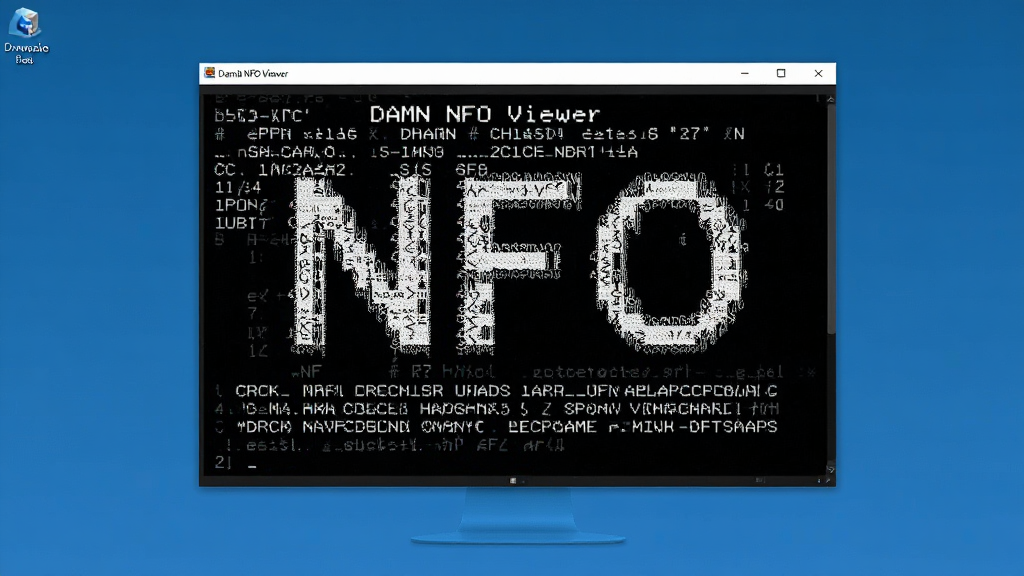 一幅现代简约风格的电脑桌面截图,屏幕上DAMN NFO Viewer软件界面完整显示一个包含ASCII艺术字体的NFO文件,界面布局清晰,文字锐利,背景为干净的纯色,整体风格专业且整洁,画质高清,无多余元素