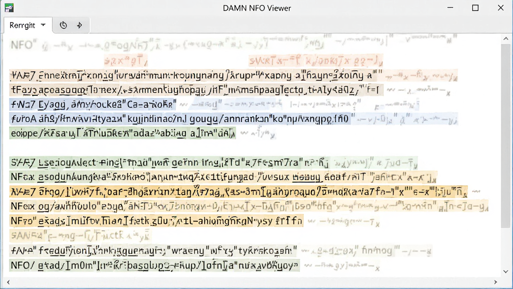 一幅电脑软件界面特写,DAMN NFO Viewer中展示了一篇包含多国语言字符的NFO文档,字体清晰,不同颜色高亮显示不同编码段落,界面简洁,背景浅灰,整体观感专业,画质清晰,无多余元素