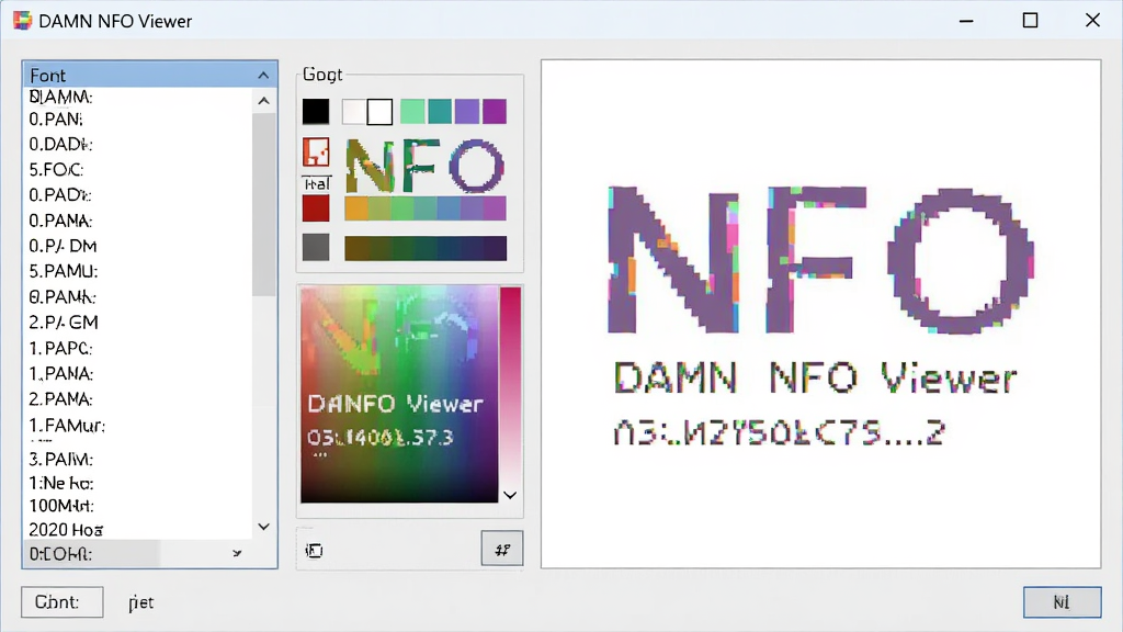 一幅电脑软件设置界面,DAMN NFO Viewer的选项窗口中显示字体选择列表和颜色调色板,旁边是预览区域展示不同配色下的NFO文本效果,界面布局合理,风格简洁,画质清晰,无多余元素