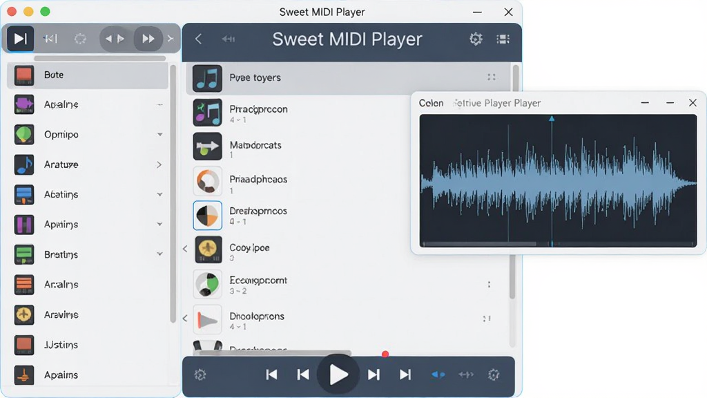 ���壺Sweet MIDI Player���������棬չʾ���ֲ��ſ���������ɫѡ�񴰿ڣ����֣�������ʾ�����б������Ϊ��ɫ���б����Ҳ�Ϊ��Ƶ����ͼ���Ű棺������˵ı�ƽ����ƣ�����ִ��Ƽ��У�ϸ�ڣ�������С�Sweet MIDI Player�����������ʣ����壬�ɾ����޶���Ԫ��
