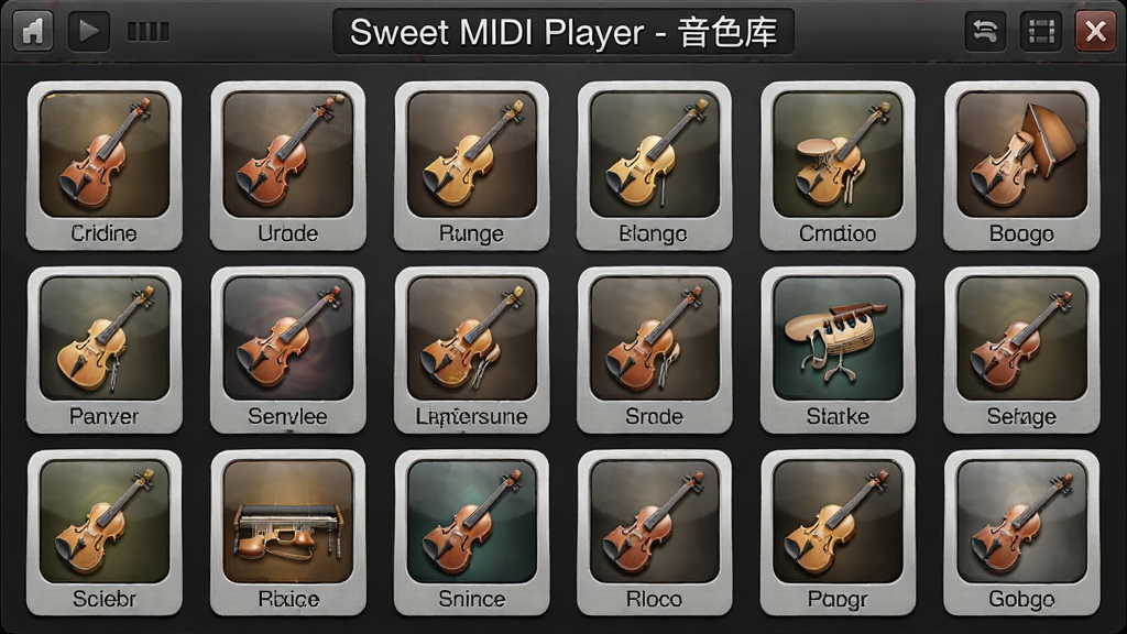 ���壺Sweet MIDI Player��ɫ����棬չʾ��������ͼ�����ɫ���ƣ����֣�����״���У�ÿ��ͼ���·���ע�������ƣ��Ű棺�������򣬷�����ﻯ��ƣ�ϸ�ڣ����涥����ʾ��Sweet MIDI Player - ��ɫ�⡱���������ʣ����壬�ɾ����޶���Ԫ��