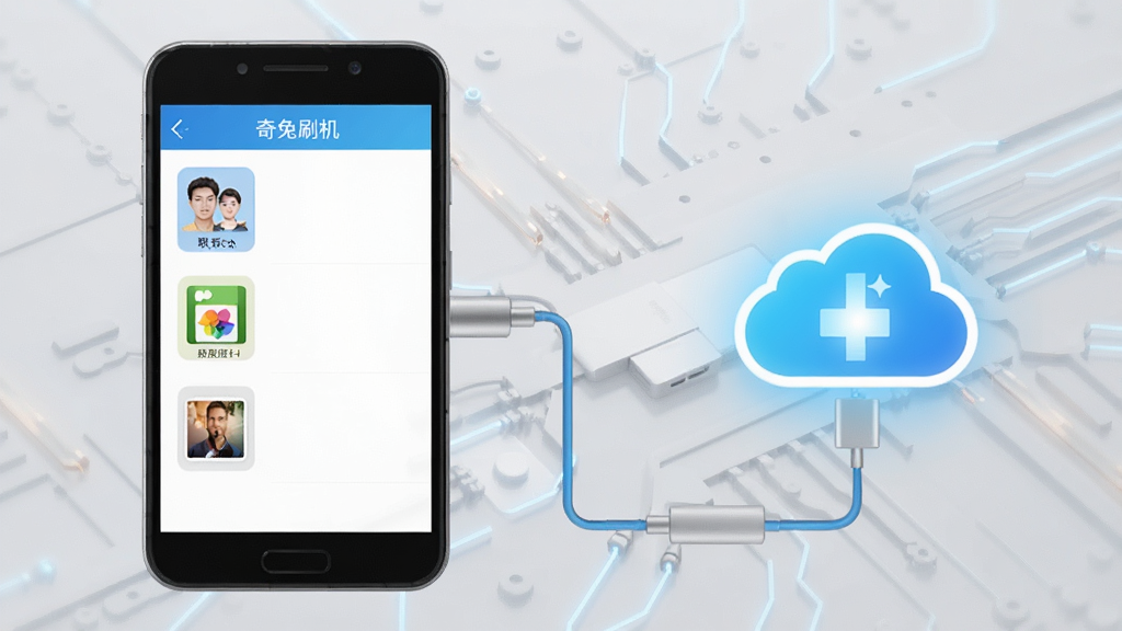 奇兔刷机数据备份功能示意图,界面显示联系人、短信、照片等备份选项,手机与电脑连线,云端图标亮起,背景为浅灰色科技风格,排版整洁,画质清晰