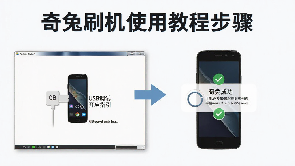 奇兔刷机使用教程步骤图,电脑端软件界面显示USB调试开启指引,手机连接成功提示,背景为简明教学风格,布局清晰,画质干净