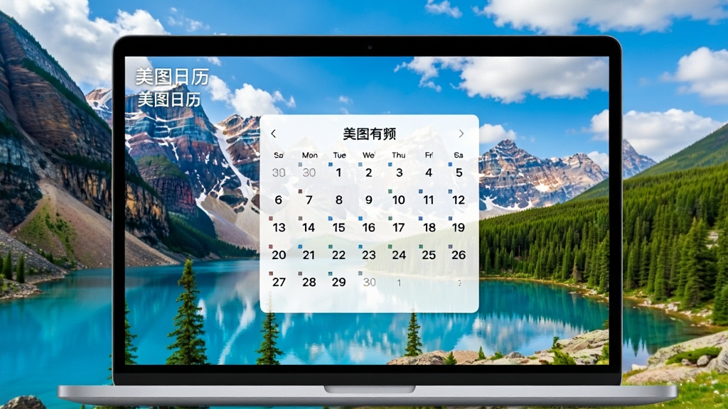 主体:笔记本电脑屏幕显示美图日历软件,背景是一张美丽的自然风景壁纸,如山脉和湖泊。布局:屏幕中央是日历,周围有蓝天白云和绿色植被,整体画面开阔。排版:日历日期清晰可见,壁纸画面占据主要视觉区域。风格:自然清新,色彩丰富。细节:壁纸上有“美图日历”的水印标识,画面干净无杂物。画质:高清细腻,光线自然,无多余元素。