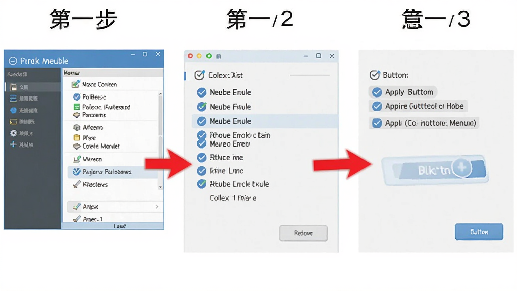 一张清晰的操作步骤示意图,画面分为三个步骤,第一步是打开右键管家主界面,第二步是勾选需要禁用的菜单项,第三步是点击应用按钮,每一步都有红色箭头指示,风格简洁明了,画质干净,背景为纯白色,突出操作流程。