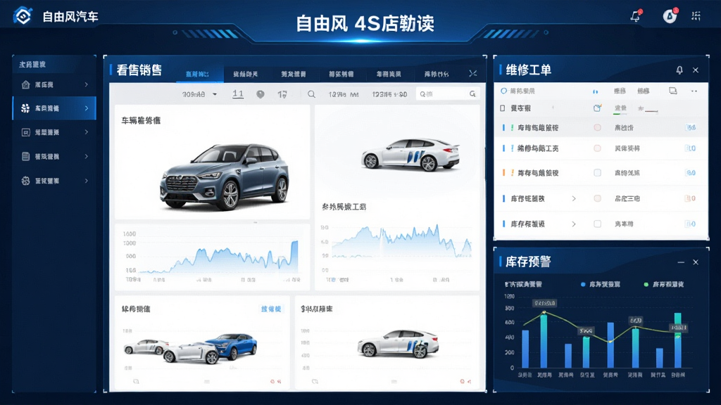 自由风汽车4S店管理软件主界面预览图,展示车辆销售看板、维修工单列表、库存预警图表,布局简洁,采用蓝色科技风格,画面干净,无多余元素,高画质