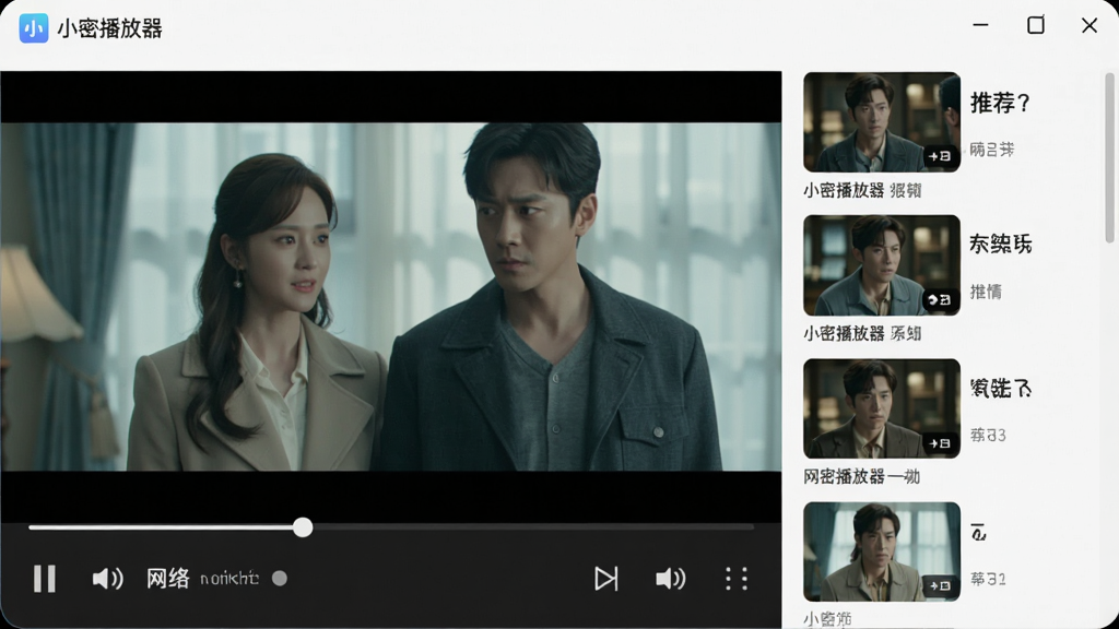 展示小密播放器正在播放网络视频的画面,画面中播放着热门电视剧,播放器界面有网络缓冲显示,右侧有推荐视频列表,整体风格清新,画质清晰,干净无多余元素,带有“小密播放器”字样