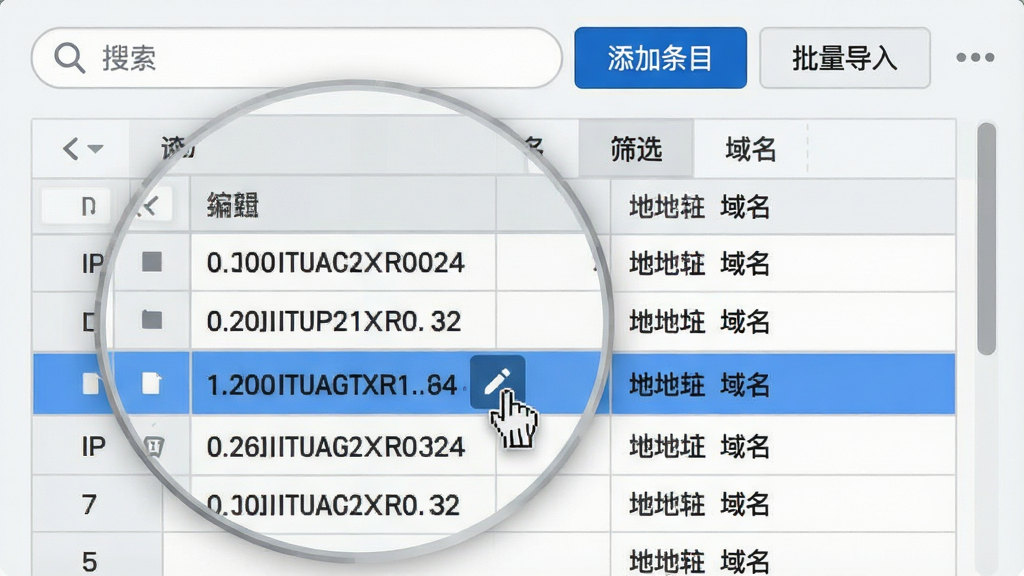 主体:软件编辑界面放大图,展示表格中的IP地址和域名列,鼠标悬停在一行上出现编辑图标。布局:表格占据画面中央,顶部有搜索框和筛选标签。排版:单元格对齐整齐,行与行之间用淡色分割线。风格:清爽简洁,浅灰背景,蓝色高亮当前行。细节:表格上方有“添加条目”“批量导入”两个按钮,右侧有滚动条。画质:高清,干净,无多余元素。