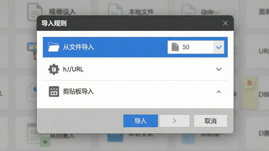主体:软件“规则导入”弹窗截图,展示可从本地文件、URL或剪贴板导入的选项。布局:弹窗居中,下方有“导入”“取消”按钮。排版:选项以列表形式排列,每个选项有图标和文字说明。风格:简洁商务风,灰色背景,蓝色按钮。细节:弹窗标题为“导入规则”,列表第一项高亮显示“从文件导入”,右侧有文件选择框。画质:高清,干净,无多余元素。