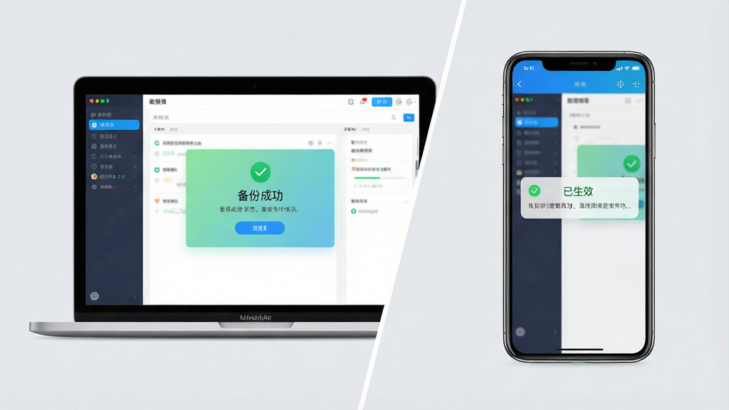 主体:电脑端与手机端对比使用场景图,左侧为笔记本电脑显示软件界面,右侧为手机运行同一软件。布局:左右分屏,背景为浅灰色。排版:两端对齐,中间用一条斜线分隔。风格:现代科技感,色彩明亮。细节:电脑屏幕上显示“备份成功”提示,手机屏幕上显示“已生效”通知。画质:高清,干净,无多余元素。