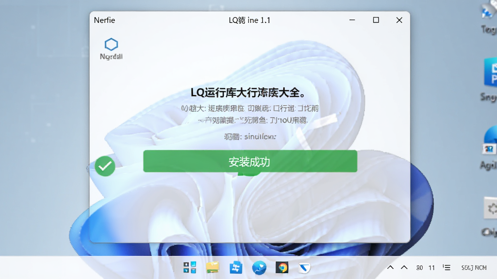 一张展示LQ运行库大全在Windows 11系统上运行的截图,界面清晰,显示“安装成功”的绿色提示,背景为桌面,整洁干净,体现易用性,画质高清。