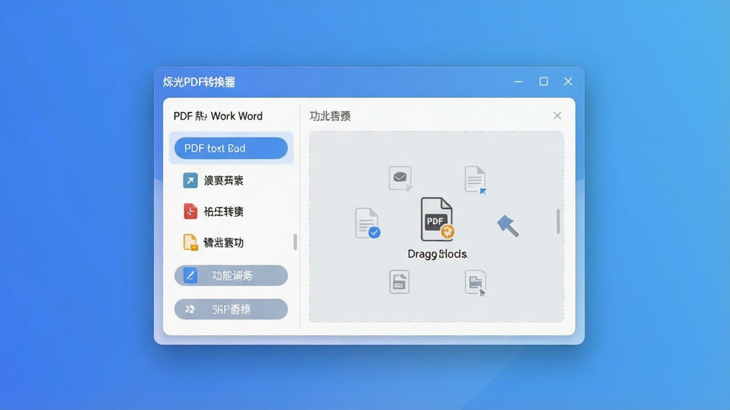 一张展示烁光PDF转换器主界面的高清图片,主体为软件窗口悬浮于渐变蓝背景之上,窗口内显示PDF转Word的功能面板,左侧为功能列表,右侧为文件拖拽区域,布局清晰简洁,风格现代扁平化,细节包括圆角按钮与柔和阴影,画质清晰干净,无多余元素