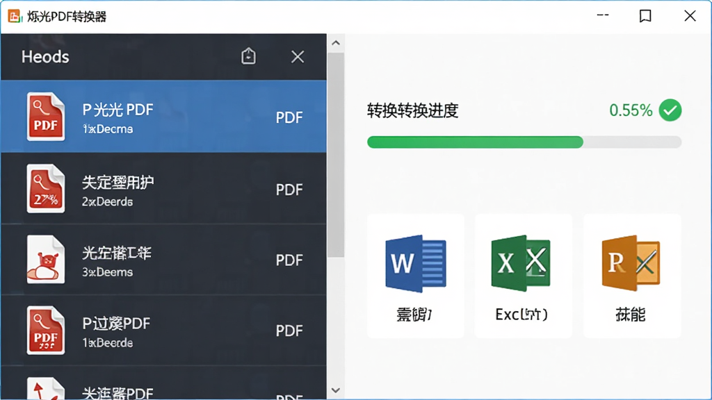 烁光PDF转换器功能预览图,主体为软件转换界面,左侧显示PDF文件列表,右侧展示转换进度条和输出格式选项(Word/Excel/PPT图标),布局左右对称,风格清爽商务,细节包括进度百分比数字和绿色对勾,画质干净明亮,无多余元素