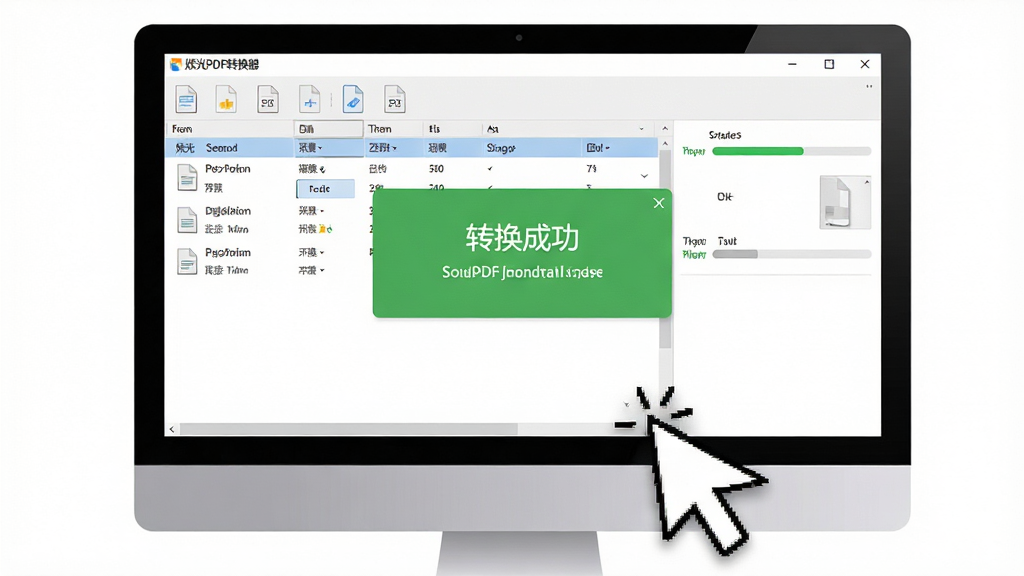 烁光PDF转换器操作教程演示图,主体为电脑屏幕显示软件界面,屏幕上出现“转换成功”的绿色提示框,屏幕下方有鼠标点击动画,布局为电脑屏幕特写,风格写实,细节包括界面中的文件列表和进度条,画质干净清晰,无多余元素