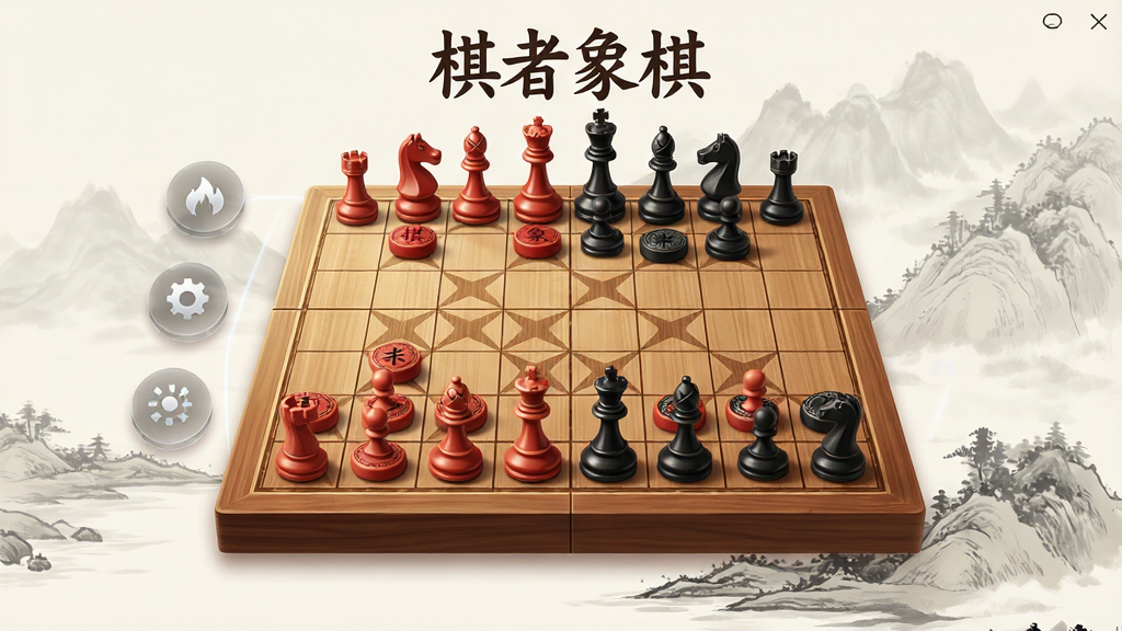 一幅展示棋者象棋软件主界面的高清数字插画,画面中央是一个精致的木质棋盘,上面摆放着红黑两色立体棋子,棋盘一侧悬浮着半透明的功能按钮图标,背景是淡雅的水墨山水画风格,整体布局简洁大气,光影柔和,画质细腻干净,无多余元素,突出软件名称“棋者象棋”的Logo文字。