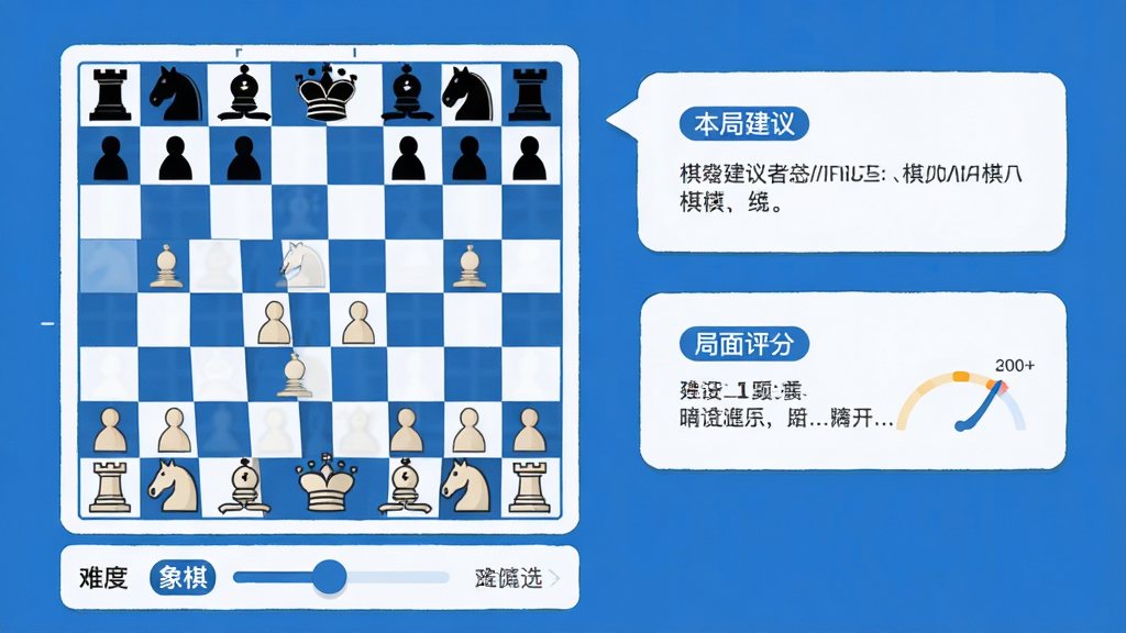 一张展示棋者象棋AI陪练功能的界面截图风格插画,画面左侧是棋盘,右侧是对话气泡框,气泡内显示“本局建议”、“局面评分”等文字,棋盘下方有难度选择滑块,整体采用蓝白配色,扁平化设计,界面排版清晰,画质干净,突出“棋者象棋”品牌标识。