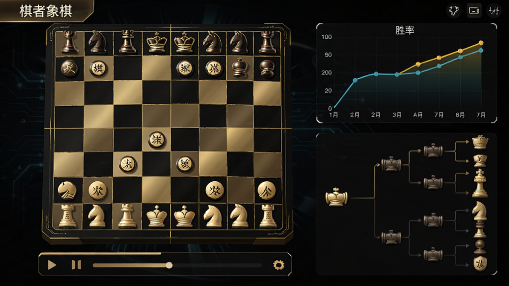 展示棋者象棋复盘界面的插画,画面中央是棋盘,棋盘下方有播放控制条和分支树状图,右上角显示胜率曲线,整体风格科技感十足,使用深色背景搭配金色线条,文字标签清晰标注“棋者象棋”名称,布局专业,画质高清。