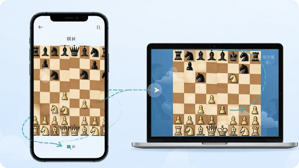 一幅展示棋者象棋在手机和电脑上运行的对比插画,左侧是智能手机屏幕显示棋盘,右侧是笔记本电脑屏幕显示同一盘棋局,背景是淡蓝色渐变,画面干净明亮,突出“棋者象棋”的跨平台同步功能,画质细腻。