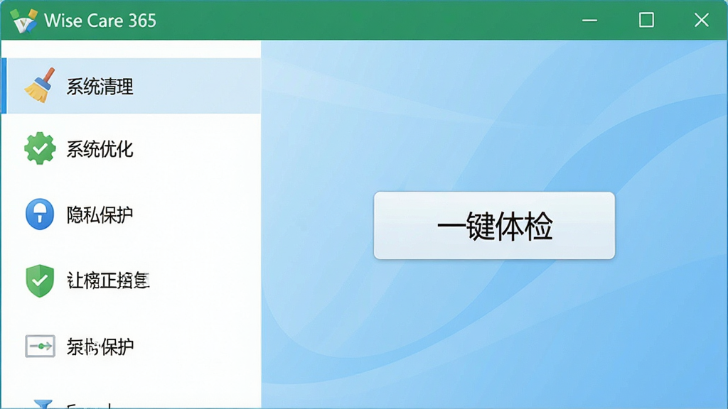 一幅展示Wise Care 365主界面的高清截图,界面布局清晰,左侧功能列表包含“系统清理”、“系统优化”、“隐私保护”等模块,右侧显示“一键体检”按钮,背景为浅蓝色渐变,整体风格简洁明亮,突出软件的专业与易用性,画质干净无多余元素
