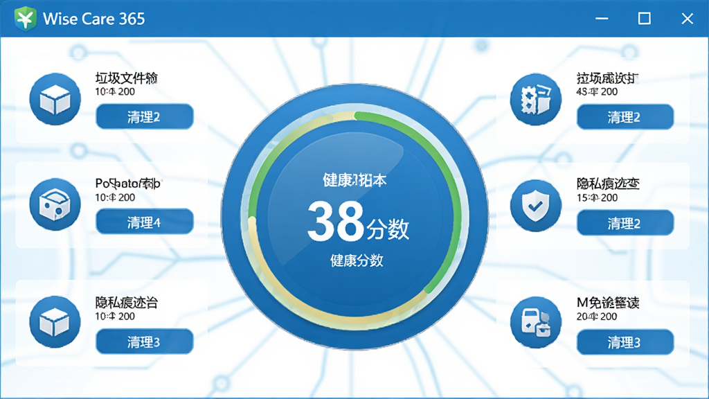 展示Wise Care 365一键体检功能的界面,中央大圆环显示健康分数,四周列出扫描出的问题类别,如垃圾文件、注册表错误、隐私痕迹等,每个类别带有图标和清理按钮,整体配色以蓝白为主,科技感强,画质清晰,无多余元素