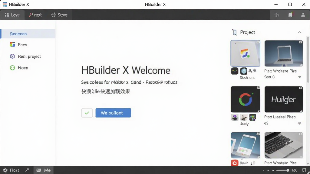 HBuilder X启动界面快速加载效果,主体为软件欢迎页与项目列表,布局居中,排版简洁,风格现代,细节显示最近项目缩略图,画质清晰,无多余元素